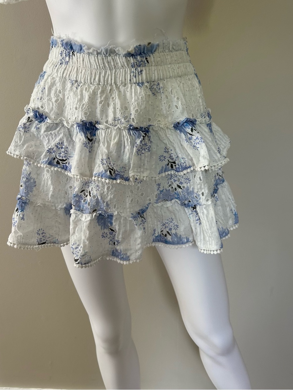 LoveShackFancy White & Blue Floral Eyelet Tiered Mini Skirt XS